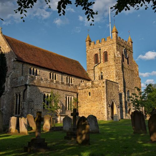 St Gregory and St Martin's Church in Wye, Kent, seen from the churchyard