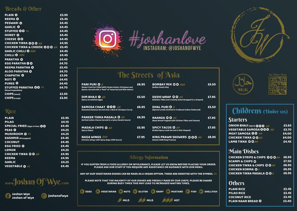 Joshan of Wye menu page showing breads, rice, street food dishes and children's menu