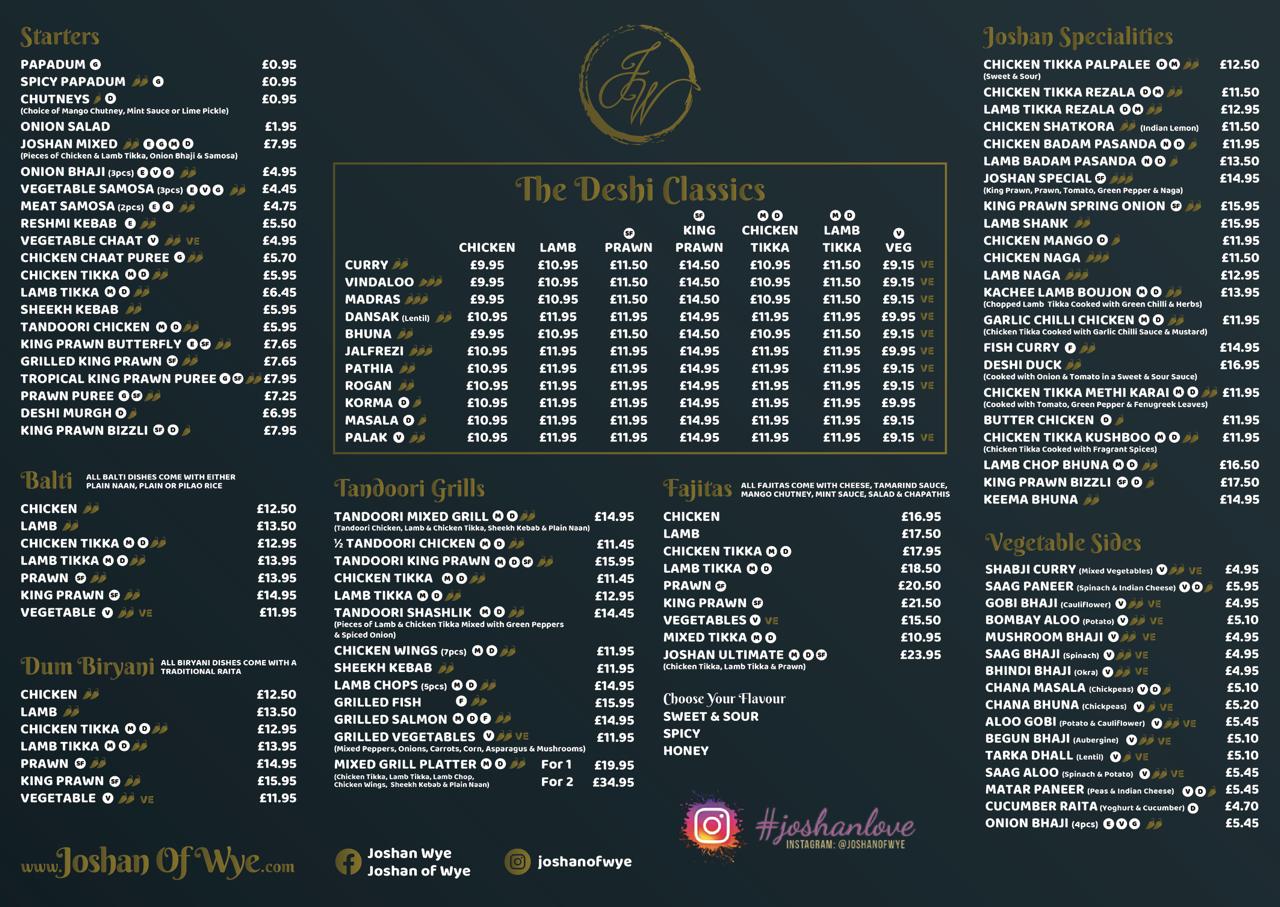 Joshan of Wye menu page showing starters, Deshi classic curries, tandoori grills, biryani and vegetable sides